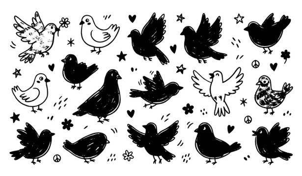 Naive hand drawn flying bird doodles dove pigeon peace vector illustration