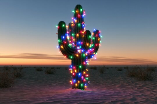 Christmas Lights on Saguaro Cactus at Sunset in the American Southwest Desert