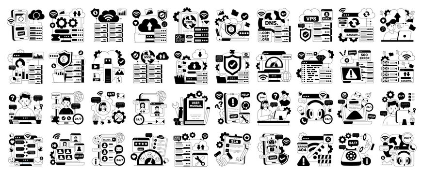Cloud Computing and Customer Support editable illustrations set isolated on white background. Glyph style vectors.