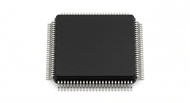 Macro photograph of a bare QFP integrated circuit microchip. Black epoxy package with dense array of metallic gull-wing pins. Processing logic hardware isolated on a pure white background.