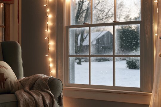 Cozy Winter Window with Warm Fairy Lights Overlooking a Snowy Evening Landscape
