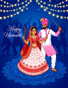 Happy Navratri greeting banner with traditional gujarati couple playing dandiya raas garba dance