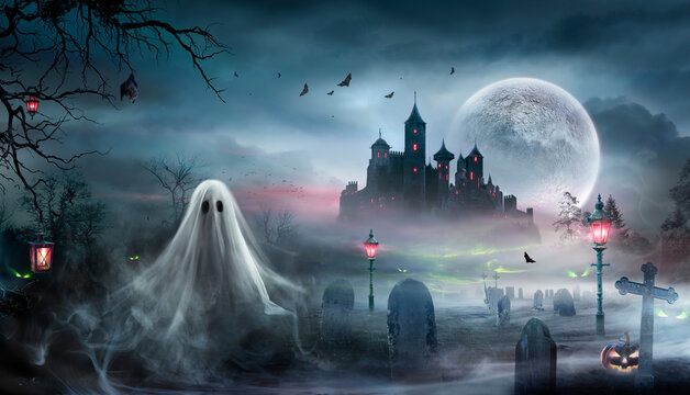 Halloween - Ghosts And Pumpkins With Castle In Dark Cemetery At Moonlight - Fear In Spooky Landscape At Night - Abstract Composition