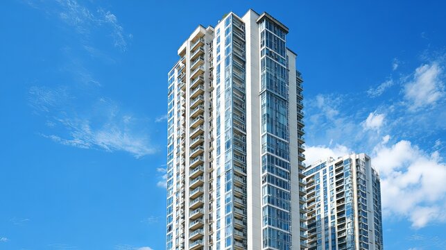 Modern high rise apartment buildings reaching towards clear blue sky with white fluffy clouds on a bright sunny summer day