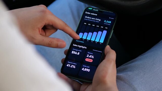 Person reviews mobile business analytics showing revenue, orders, customers and sales growth, reflecting the rise of data-driven decision making in digital commerce.