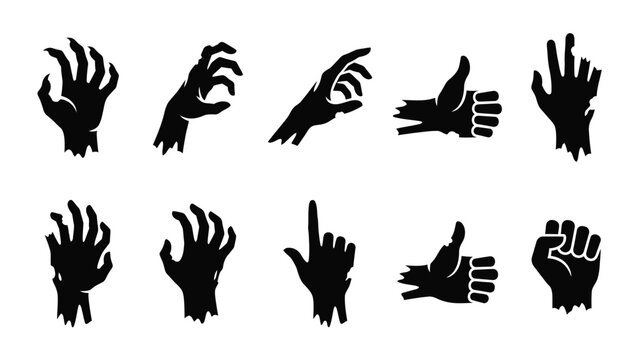 Collection of zombie hand black silhouettes showing different gestures for halloween and horror themes