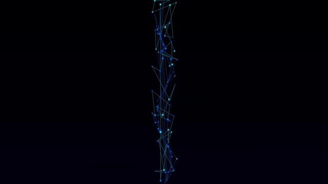 Abstract digital plexus column with blue glowing lines. Futuristic network data structure on black background. High tech communication concept.