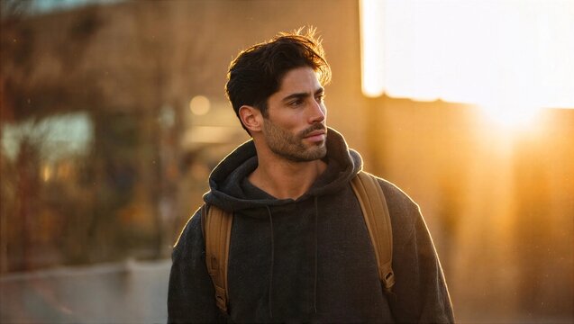 Golden Hour Traveler Portrait With Sunglasses Near Beach Promenade