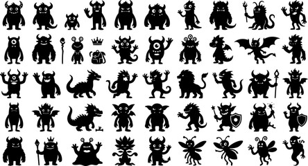 Obraz premium Cute cartoon monster and spooky alien creature silhouette icon set vector illustration featuring black stencil dragons goblins demons and fantasy beasts