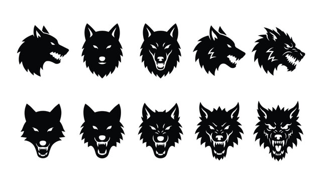 Black wolf head icons for team mascots, aggressive logos and wild animal graphics