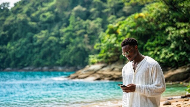 Man Checking Phone on Tropical Beach Shore