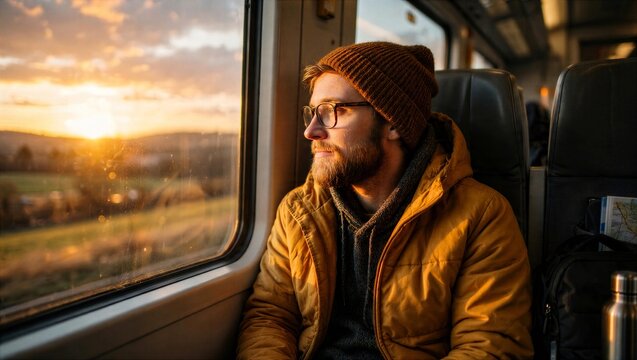 Man Looking Out Train Window at Sunset