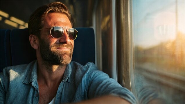 Man Looking Out Train Window During Journey