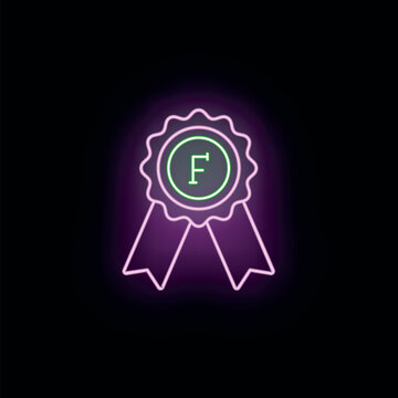 Neon grade f award ribbon glowing with vibrant colors on a dark background