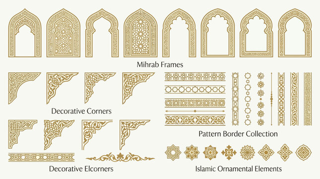 Islamic Border Frame Bundle Featuring Elegant Mihrab Arches and Decorative Ornamental Elements for Traditional Cultural Graphic Design Projects