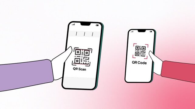 Digital qr code scanning process showing two mobile phones in motion with hand gestures in this illustrative animation video clip