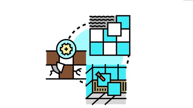 Illustration depicting the process of handling blank white square tile concepts like new material arrangement, repairing broken floor surfaces, and installing replacement pieces using tools