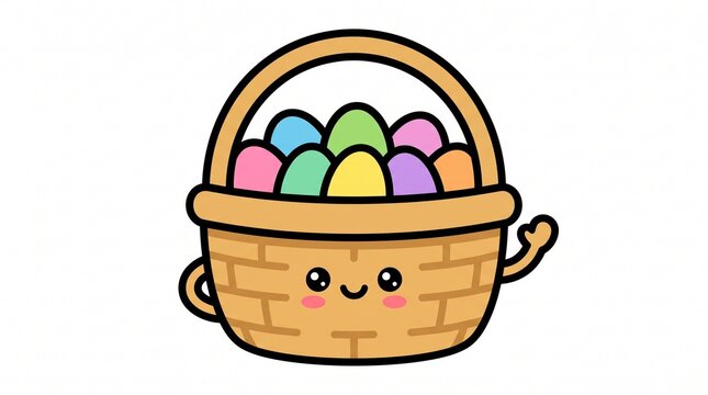 Cute kawaii easter basket character filled with colorful decorative eggs featuring a happy smiling face and waving arm design element displayed isolated on white background