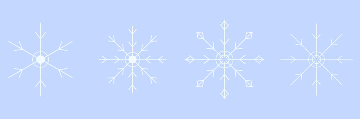 Naklejka premium Snowflake icons pattern with thin line crystalline designs in white on light blue background.