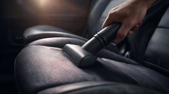 A man cleans the seat cushion of a car interior with a vacuum, highlighting attention to detail during the cleaning process in a well-lit setting