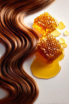 Long hair is beside honeycomb and liquid honey on a glossy white surface. The scene has good lighting and a clean look suitable for use in magazines