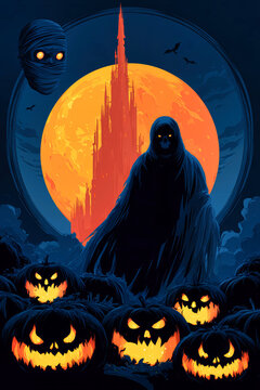 A ghost stands in a field of pumpkins with carved faces. A castle is in the background with a bright full moon above at night