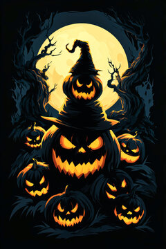 Pumpkins with faces are lit in a dark setting. A witch hat sits on the top pumpkin. Bare trees and a large moon add to the Halloween scene