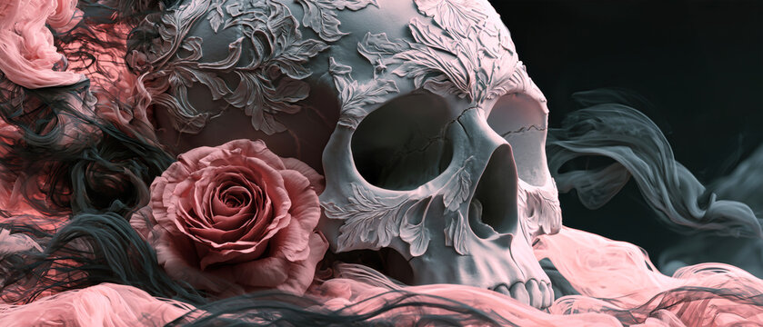 A skull decorated with flowers sits amidst swirling smoke on Halloween night. The scene creates a haunting feel for the spooky celebration