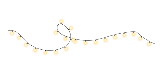Fototapeta premium Looped string lights garland with warm yellow glowing bulbs and soft highlights, circular bokeh dots, transparent background.