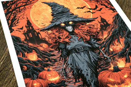 A witch with red hair walks on a path with pumpkins and a full moon. Bats fly in the sky above a spooky house in the background