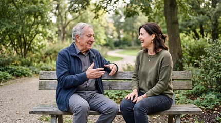 Obraz premium Senior man and adult daughter talking on park bench laughing together