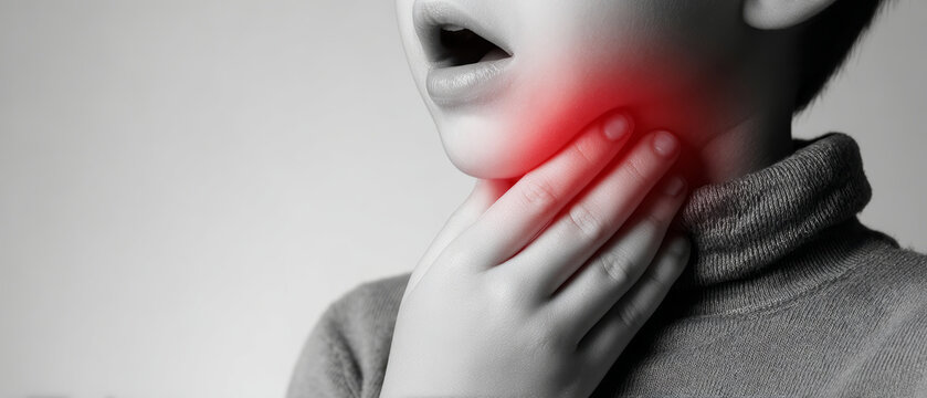 A child stands with one hand on their throat, showing signs of discomfort. They seem to be struggling while trying to speak
