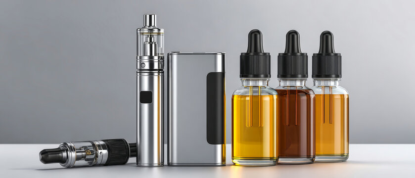 A vaping device sits next to three bottles of e-liquid on a table in a bright room. The items are arranged neatly for display