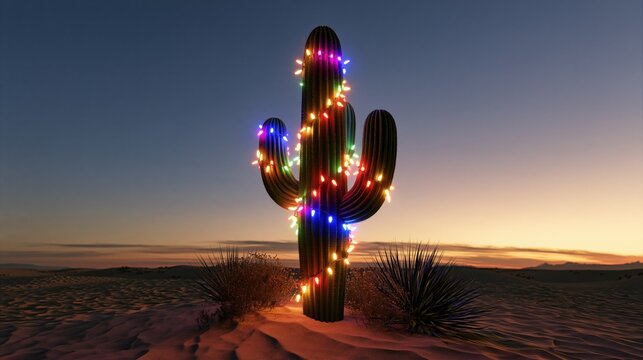 Christmas Lights on Saguaro Cactus at Sunset in the American Southwest Desert