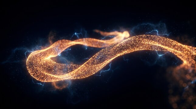 Golden particles undulating in a sinuous form digital rendering