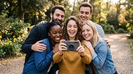 Fototapeta premium Group of Happy Diverse Friends Taking Pictures with Camera in Sunny Park
