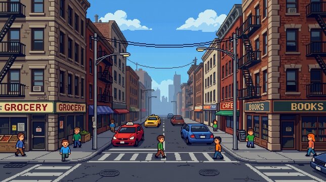 Pixel art city street with cars and people crossing road