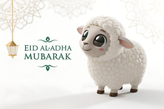 Cute white cartoon sheep with eid al-adha mubarak greeting text