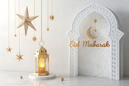 Eid mubarak background with white arch lantern and hanging gold stars