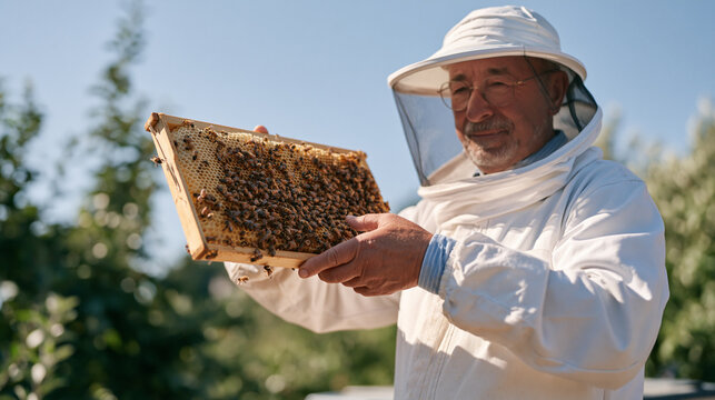 A beekeeper in protective suit photographed from a child seated low perspective, looking up at a towering apiarist lifting a full honeycomb frame outdoors, late retirement age