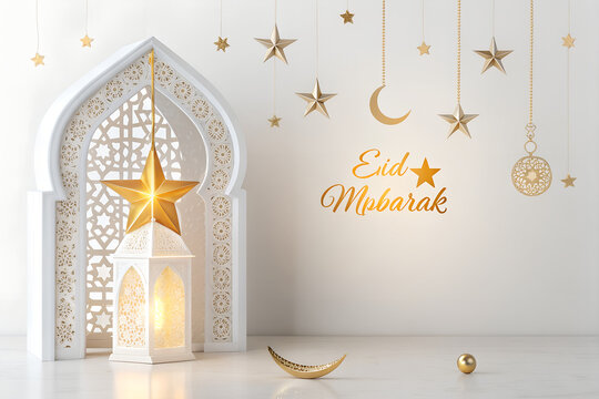 Eid mubarak background with white islamic arch lantern and golden stars