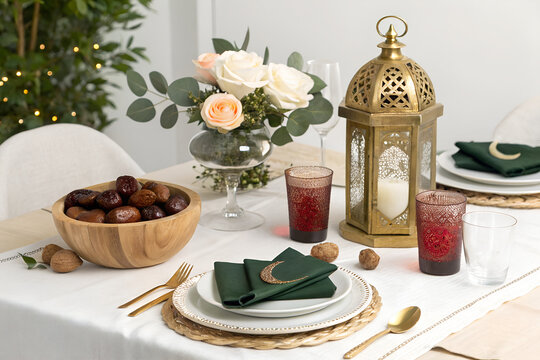 Elegant ramadan kareem table setting with gold lantern and floral centerpiece