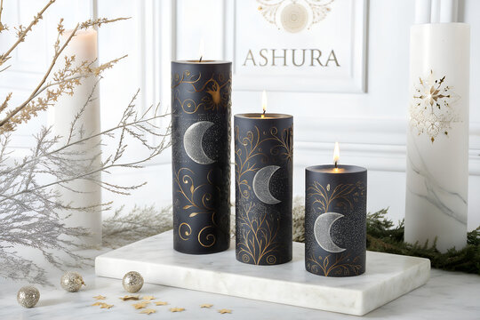 Black pillar candles with silver moon patterns and floral carvings on marble
