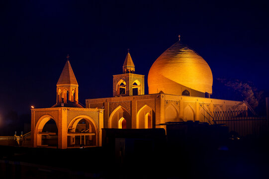 Vank Cathedral at Night in Isfahan, Iran: Illuminated Holy Savior Armenian Church Architecture