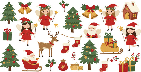 Fototapeta premium Set of cute watercolor christmas elements featuring festive girls trees reindeer santa claus gifts and holiday decorations on white background for design