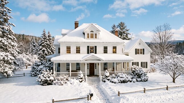 Large white house with snow in winter front yard