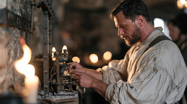 A professional ratcatcher sets a humane trap by candlelight in a stone cellar, the single object in focus being a carefully baited mechanism on a dusty shelf, warm flame shadows