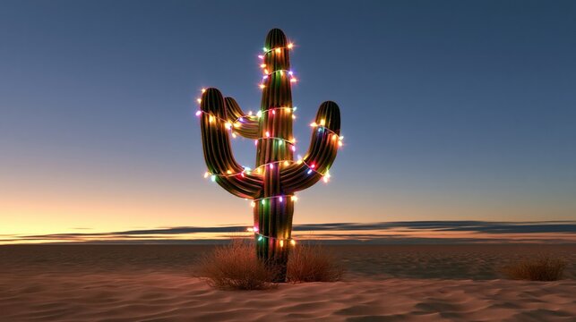 Christmas Lights on Saguaro Cactus at Sunset in the American Southwest Desert