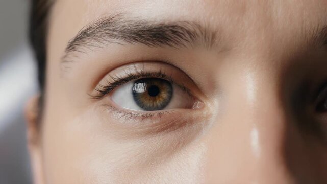 Extreme close-up of a human eye with hazel iris. Detailed view of pupil and cornea in ophthalmology concept