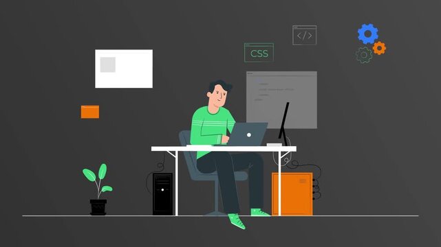 Software developer working on coding projects in a clean office environment using laptop technology for motion digital animation background footage